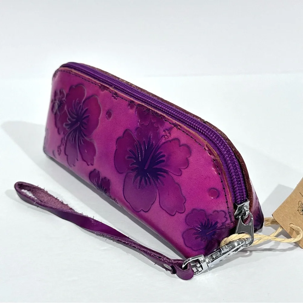 Purple Floral Leather Wristlet Clutch Pouch Zipper Bag